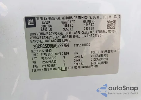 2010 Chevrolet Silverado 1500 Lt z USA, uszkodzony, nr VIN 3GCRCSE00AG222764